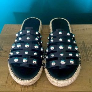 MARC FISHER Womens Black Tamie Toe Platform Slip On Leather Espadrille 9